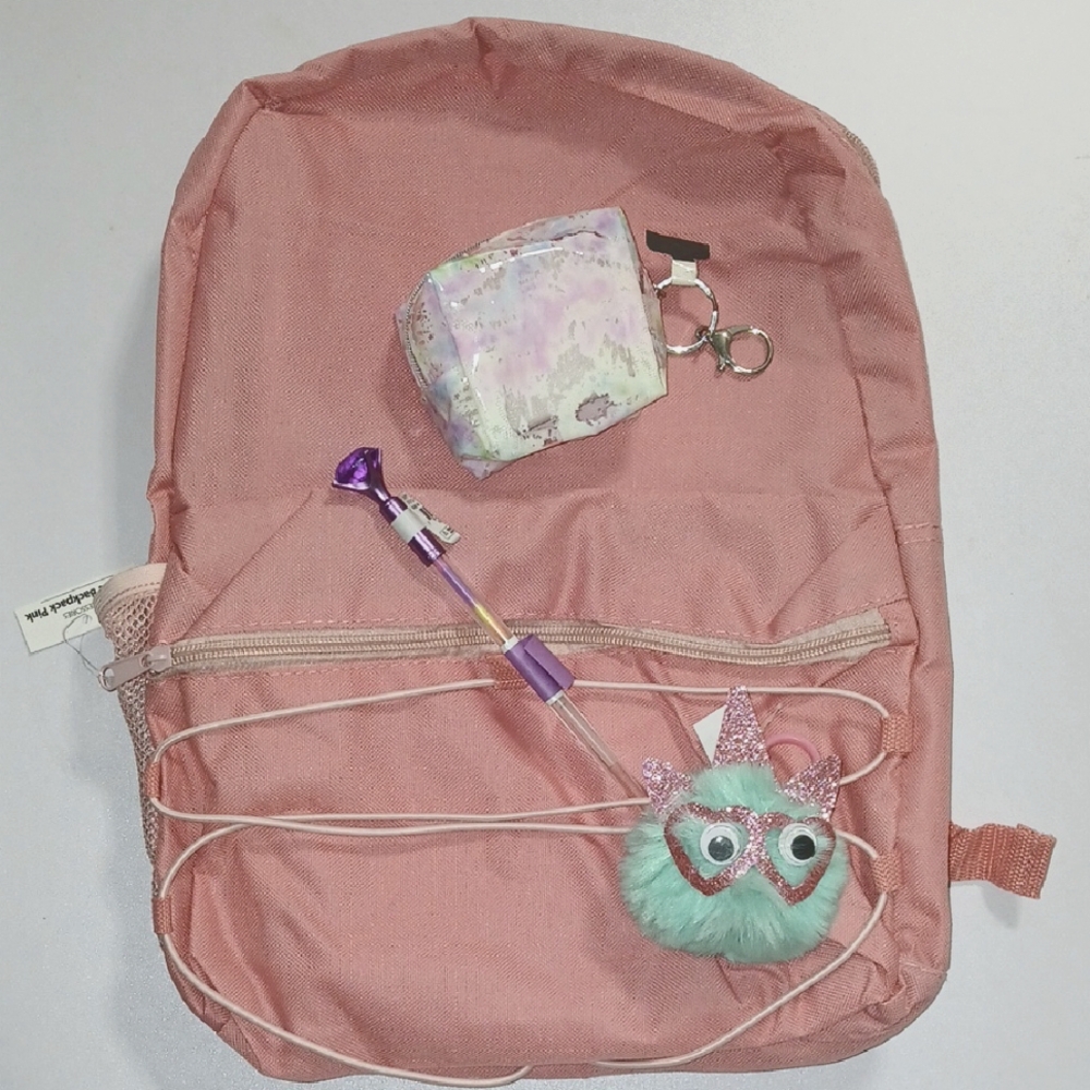 Pink Backpack with Accessories